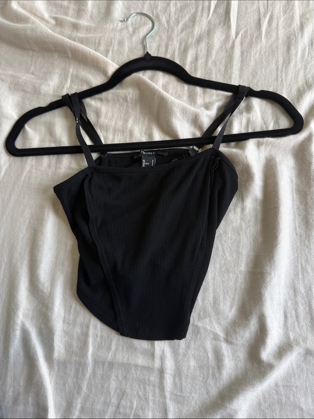 Forever 21 Black Ribbed Asymmetrical Strappy Crop Cami